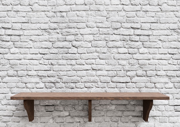 Empty wooden shelves white brick, display mockup tabletop isolated.