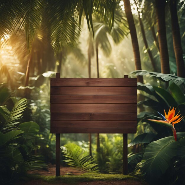 Empty wooden sign in bird of paradise in jungle