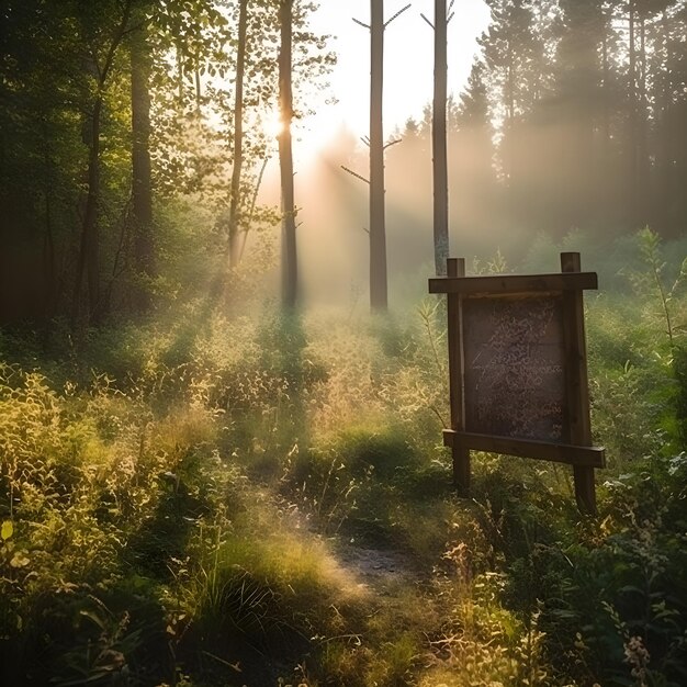 Empty wooden sign on edge of forest on summer generative ai