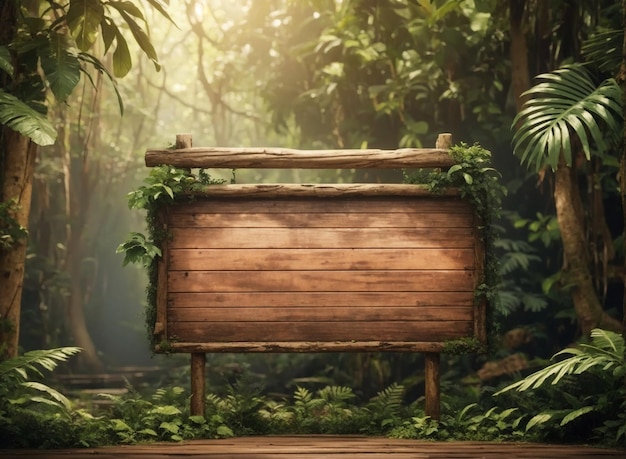 Empty wooden signboard in the jungle forest wooden planks with copy space