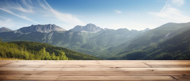 Empty wooden surface and beautiful view of mountain landscape on sunny day s