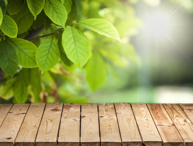 Empty wooden surface on blurred background