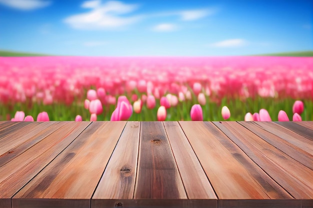 Empty wooden surface in field with blossoming tulips on sunny day ai generated