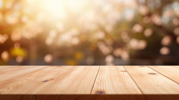 Photo empty wooden surface for presentation with blurred garden background mockup space for presentation product