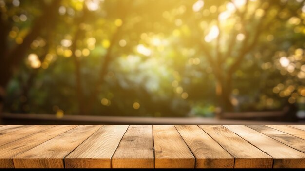 Empty wooden surface for presentation with blurred garden background mockup space for presentation product