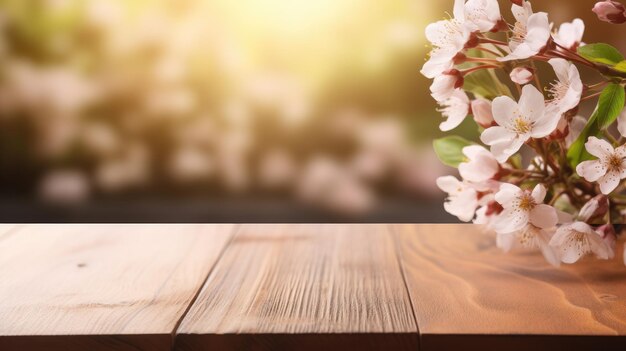 Empty wooden surface for presentation with spa salon and sakura background mockup space for presentation product