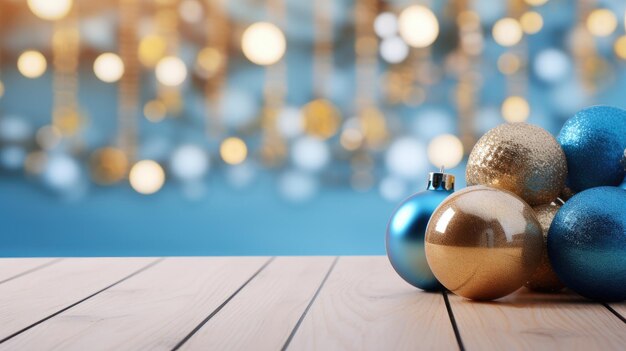 An empty wooden surface for product presentation with christmas decorations in the background mock up