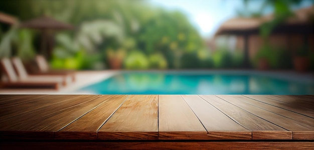 Empty wooden surface with summer travel hotel swimming pool background Generative ai
