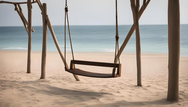 empty wooden swing on the beach with the ocean in the background