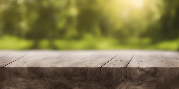 An empty wooden table against a backdrop of green nature product placement background blurring ai generated