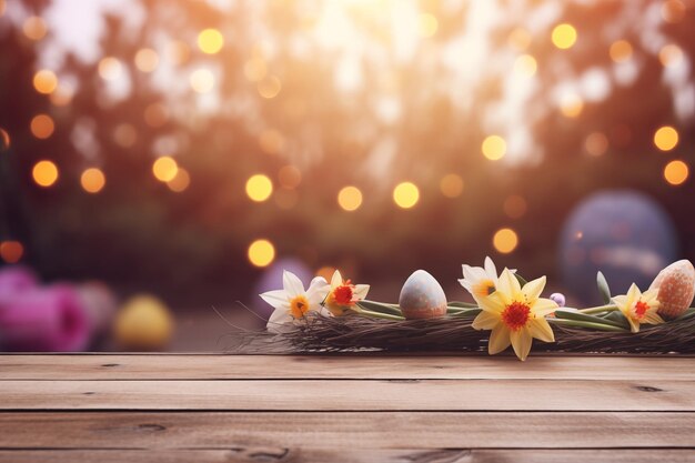 Photo empty wooden table against easter times background