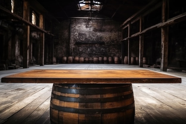 Фото Пустой деревянный стол на фоне огромного ангара для виски