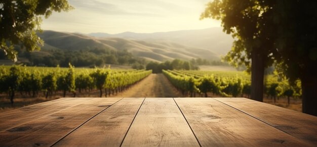 Foto un tavolo di legno vuoto permette ai prodotti di essere al centro della scena esaltati da una scenografica vista sul vigneto