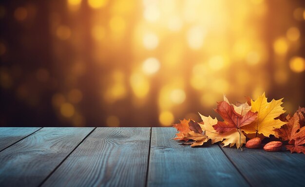 Empty wooden table autumn leaves on blurred yellow background with highlights