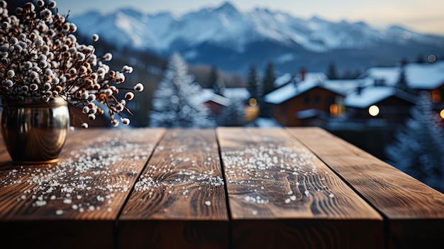 Foto tavolo di legno vuoto su uno sfondo in un paesaggio invernale sfocato villaggio in montagna copia spazio