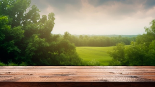 Empty wooden table and on the background of the field Generative AI