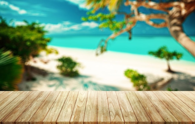 empty wooden table on beach blurred background assembly product display exhibition