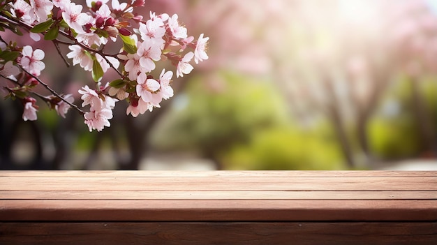 empty wooden table in beautiful sakura flower park with garden