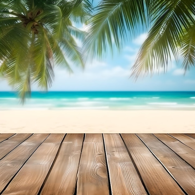 광고 제품 Generative Ai를 위한 나무 테이블 전경 공간이 있는 아름다운 열대 해변 배경 여름 바다 해변 야자수에 빈 나무 테이블