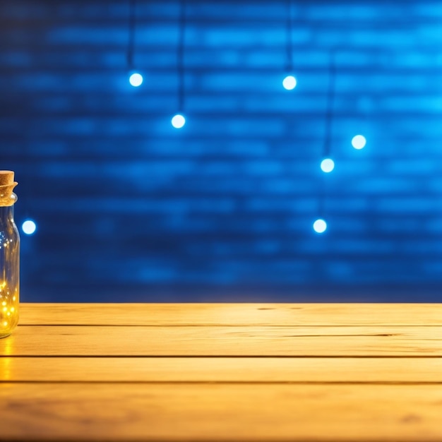 empty wooden table on blue background