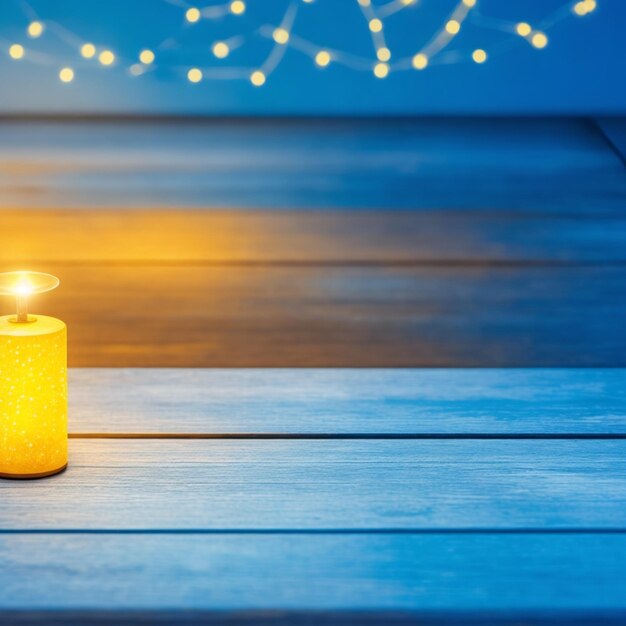 Empty wooden table on blue background