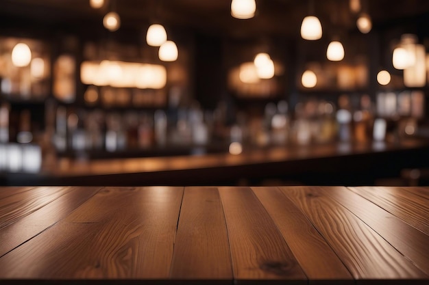 Empty wooden table and blurred background of bar or pub