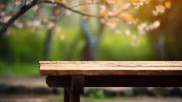 Empty Wooden table blurred background Generative AI