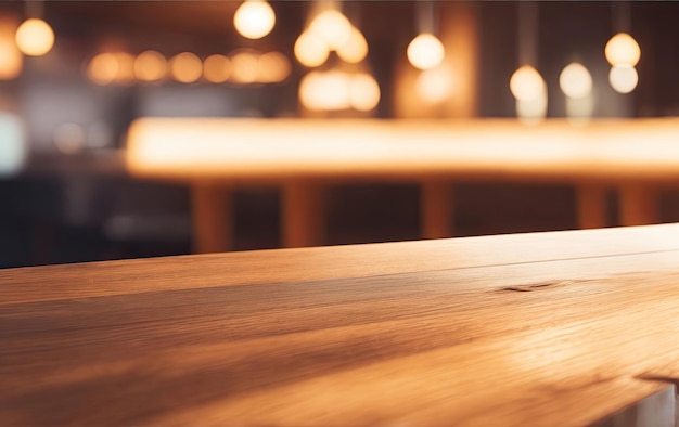 An empty wooden table on a blurred background with lights