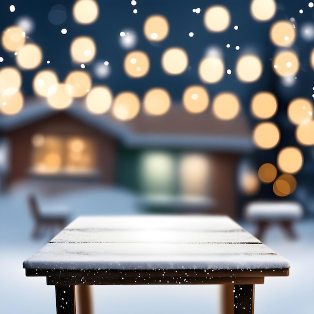 Empty wooden table blurred Christmas decorated house exterior With copy space for your product Mockup or template for Christmas card