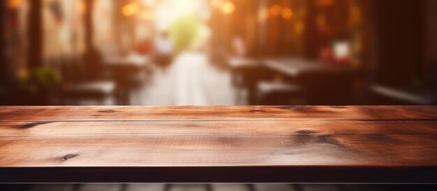 Empty wooden table in blurred coffee shop background