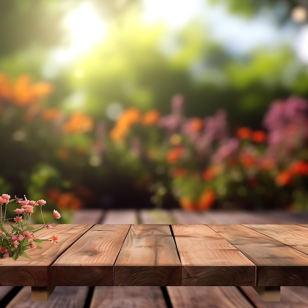 Photo empty wooden table on blurred garden with flowers in background