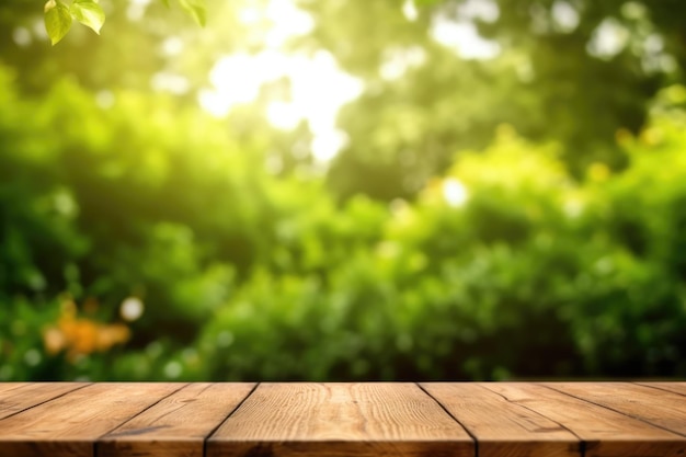 Empty Wooden table and blurred green nature garden background Generative AI image weber