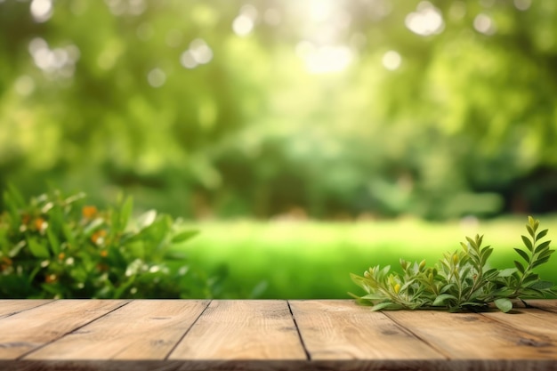 Empty Wooden table and blurred green nature garden background Generative AI image weber