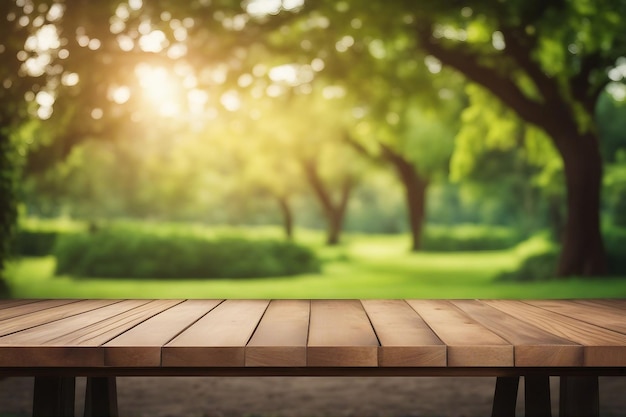 Empty wooden table over blurred green nature park background