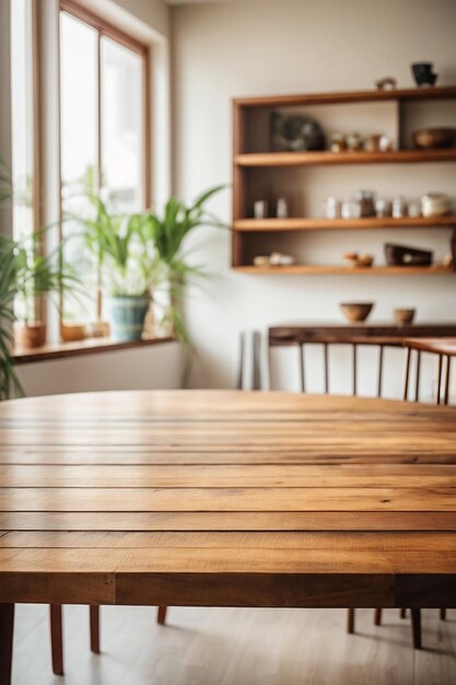 Photo empty wooden table and blurred home interior with white wall background product display montage