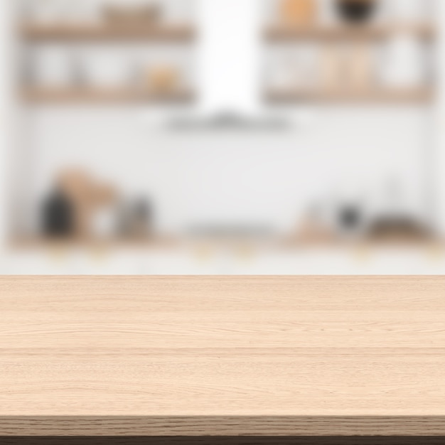 Empty wooden table and blurred kitchen background.