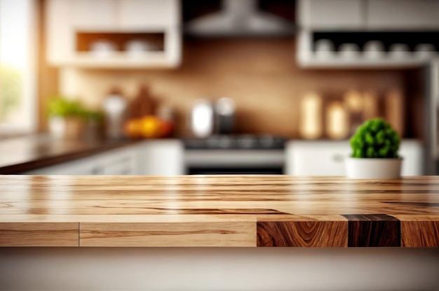 Empty wooden table and blurred kitchen interior background
