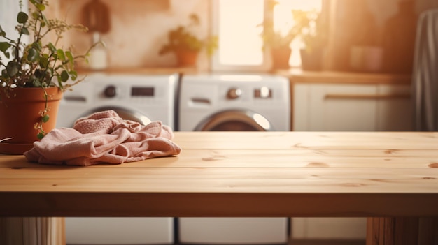 Empty wooden table in blurred laundry room