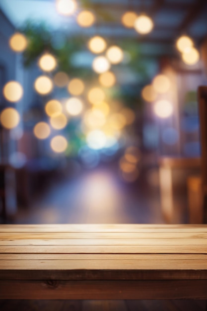 empty wooden table blurred light background