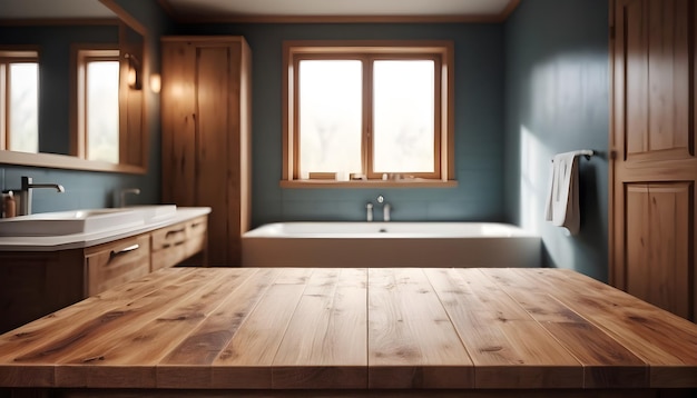 空の木製のテーブルと浴室の昧な景色