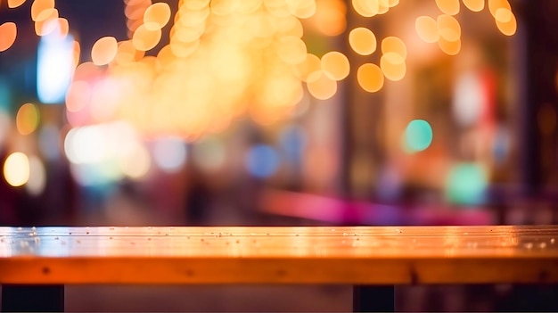 Photo empty wooden table and bokeh lights background for product display