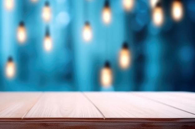 Empty wooden table over bokeh lights with blurred blue wall background product display montage