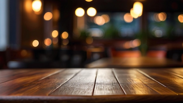 Foto tavolo di legno vuoto in un caffè o in un ristorante con sfondo bokeh