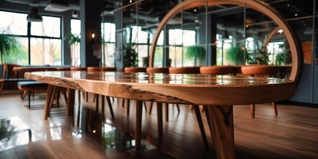 An empty wooden table in a cafe with mirrors