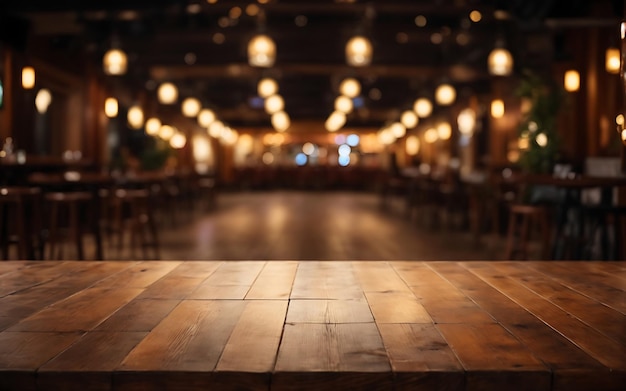 空の木製テーブルとコーヒー ショップは、ボケ味のライトで背景をぼかします