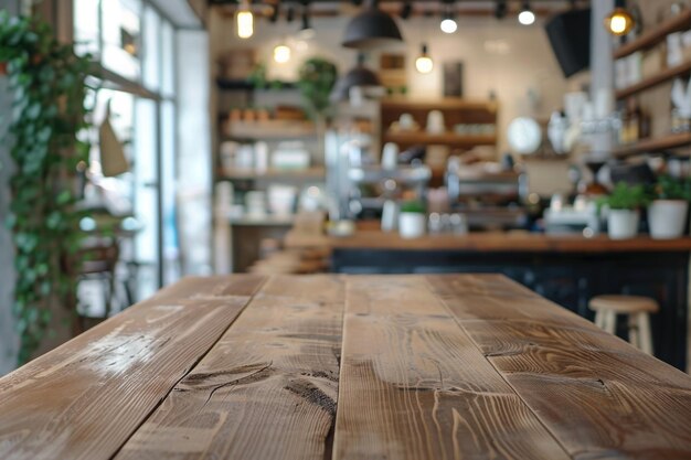 Empty wooden table in coffee shop for product display