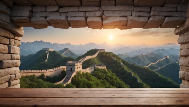 Empty wooden table on defocused blurred great wall of china background