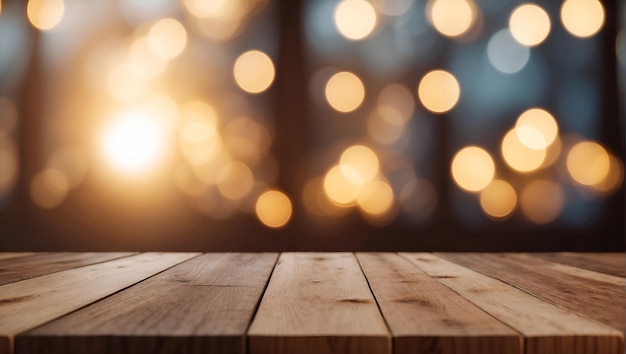 Empty wooden table on defocused blurred light background