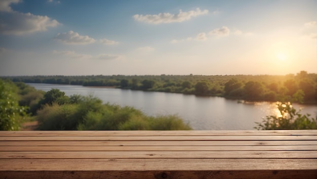 Empty wooden table on defocused blurred nile river background