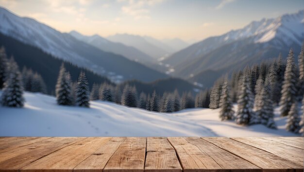 Empty wooden table on defocused blurred snow mountain background